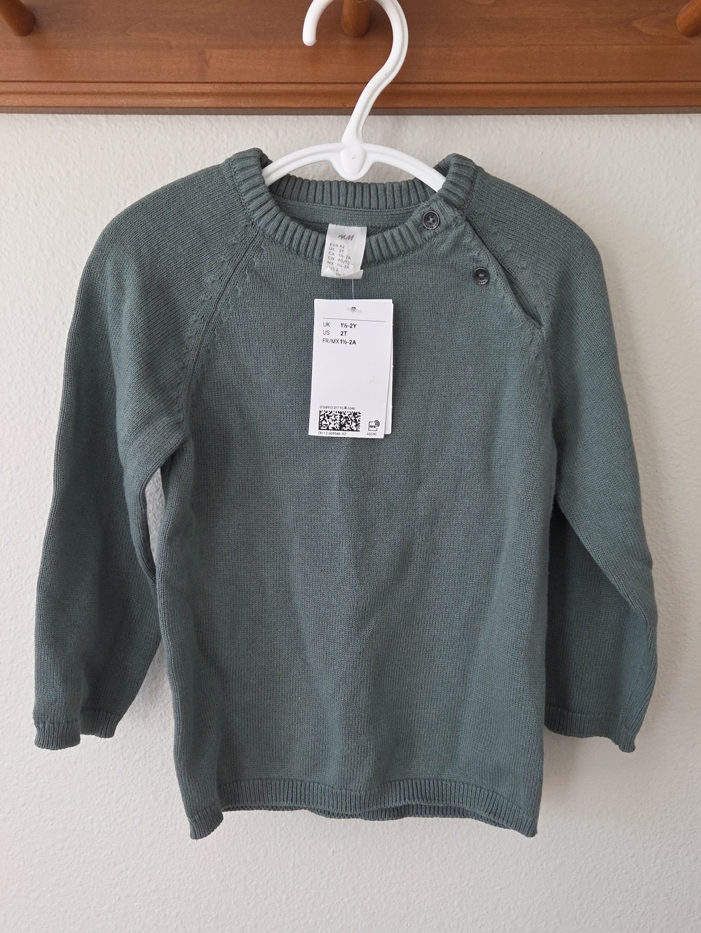H&M Boy 2t NWT Crewneck Button-Shoulder Sweater - Dusty Green